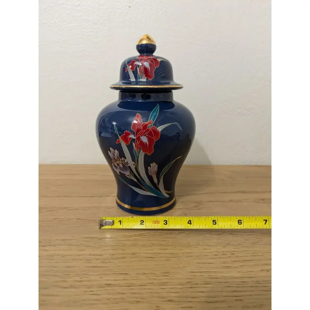 Vintage Japan Vase with Lid Floral Blue &‎ Gold Porcelain Fine China Decor